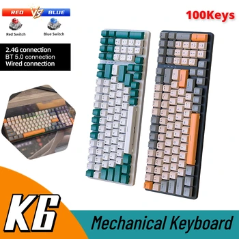 Механическая Клавиатура K6 100 Клавиш Keycaps Беспроводная RGB 5.0 BT 2.4 Ггц Проводная 3 Режима Профиль Bluetooth Игровые Клавиатуры Pc Gamer