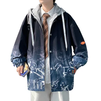 Мужская куртка из джинсовой ткани с принтом прилива Граффити, мужская весенне-осенняя Японская спецодежда, куртка с капюшоном, мужская поддельная двойка