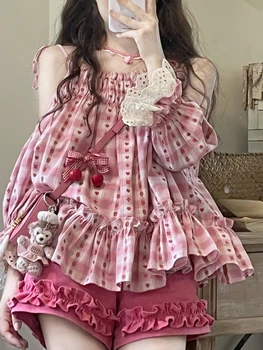 Розовый японский Кавайный комплект из двух предметов, Женские летние шорты в стиле милой Лолиты, блузка с открытыми плечами и широкие шорты, Новинка