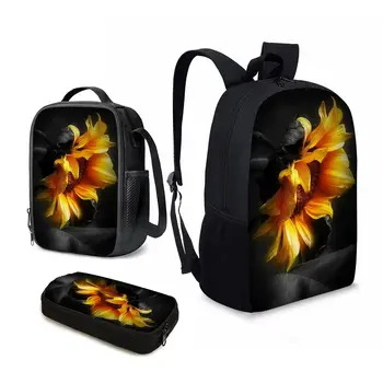 Молодежная сумка YIKELUO с 3D дизайном подсолнуха, рюкзак на молнии, водонепроницаемые дорожные сумки, черный повседневный рюкзак в подарок