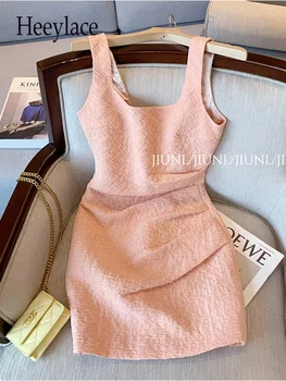 Летнее мини-платье 2023 года для женщин, Высококачественные Элегантные розовые платья без рукавов с квадратным воротником, Вечерние праздничные платья