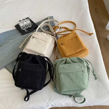 Женская сумка на шнурке из вельветовой ткани Hylhexyr, маленькая сумочка-ведро, повседневная сумка-тоут, женские сумки через плечо