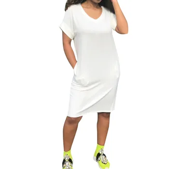 Летние платья для женщин с круглым вырезом, средней длины, коротким рукавом, однотонное повседневное платье-футболка с карманами