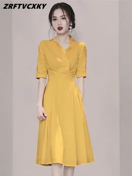Летнее женское элегантное платье в корейском стиле, винтажное платье с высокой талией и V-образным вырезом, модные повседневные офисные длинные платья трапециевидной формы.