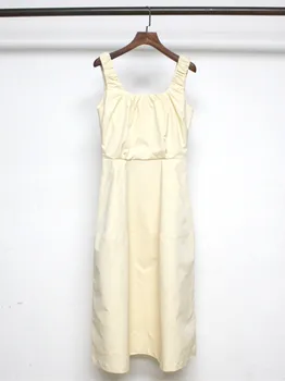 Женское однотонное плиссированное платье миди с широким ремешком, Новый летний женский элегантный халат на молнии без рукавов с квадратным воротником