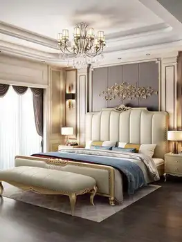 Европейская двуспальная кровать, американская кровать из массива дерева, современная и простая, легкая роскошная кожаная кровать с верхним слоем