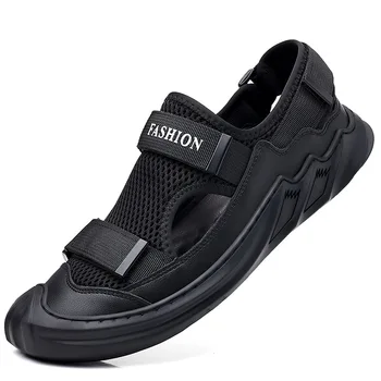 Удобные сандалии, мужская летняя кожаная обувь с дышащей сеткой, уличная повседневная переносная обувь для ходьбы, нескользящая черная пляжная обувь