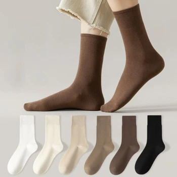 Женские хлопчатобумажные носки повседневного вязания, свободные, длинные, мягкие, однотонные, дышащие, средней длины, весна-осень, черные, белые