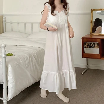 Белая Корейская летняя ночная рубашка для женщин без рукавов С квадратным воротником, Длинная пижама, кружевное вязаное крючком Французское ночное платье, Элегантное Милое