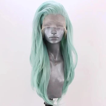 Мятно-зеленый Длинно-серый парик из натуральных волн, бесклеевые волосы из термостойкого волокна, синтетические парики на кружеве спереди для женщин со свободной частью