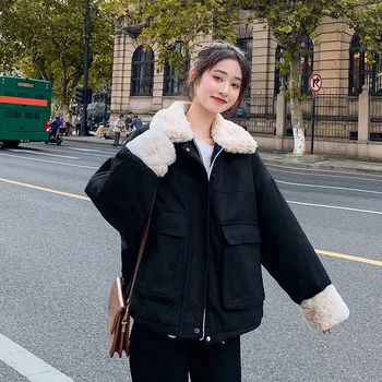 2021 Осенне-зимнее пальто из овечьей шерсти, Женская Корейская Модная Женская куртка, черные Свободные пальто со Стоячим воротником