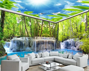Водопад бейбехан Вода Лесной журавль Белая голубятня 3D обои Тема фона Индивидуальность Стереоскопические обои