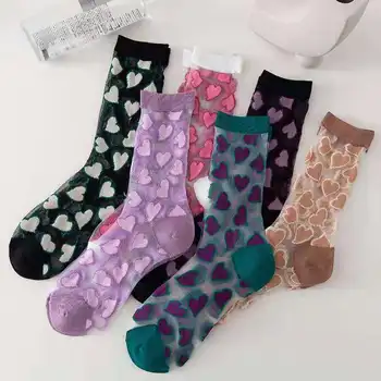 Летние женские носки в японском стиле, шелковые носки из хрустального стекла с принтом в виде сердца, Ультратонкие прозрачные длинные носки Kawaii Cute для девочек