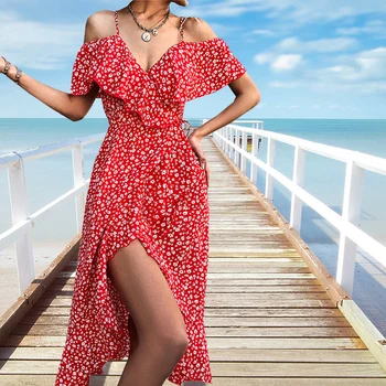 Женское весенне-летнее сексуальное платье на бретельках, женские вечерние платья с оборками и открытыми плечами, Элегантное пляжное платье с цветочным принтом, сарафан