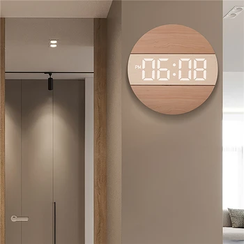Круглые светодиодные настенные часы для гостиной Имитация древесины Хлопок Конопля Цифровые часы Минимализм Настенный будильник Часы