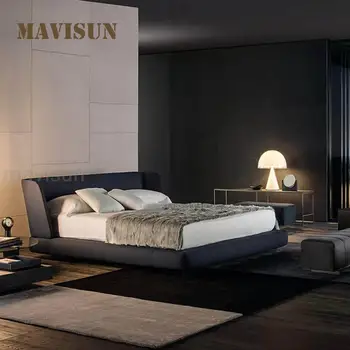 Современная минималистичная двуспальная кровать с высокой отскакивающей губчатой мягкой спинкой Дизайнерская мебель для спальни В итальянском стиле из массива дерева Комплект для двуспальной кровати