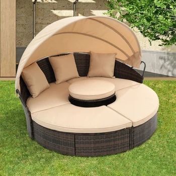Круглая гостиная из ротанга с балдахином, Балийская кровать с балдахином на открытом воздухе, плетеный диван-кровать с подъемником, журнальный столик для сада на заднем дворе