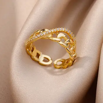 Позолоченные кольца-цепочки для женщин, Регулируемое кольцо из нержавеющей стали, Трендовый Циркон 2023, Эстетичные свадебные украшения anillos mujer