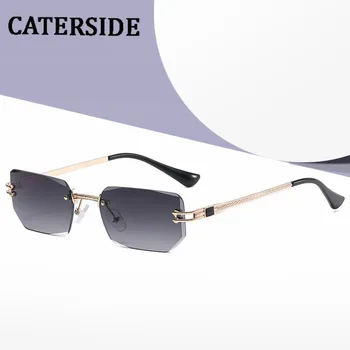 Солнцезащитные очки CATERSIDE Polygon Без оправы, мужские Винтажные Солнцезащитные очки с золотыми и черными линзами, Солнцезащитные очки для женщин, высококачественный прямоугольник UV400