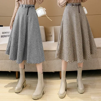 Женская винтажная шерстяная юбка в клетку TingYiLi, Осень-зима, Высокая талия, Черная Кофейная Длинная юбка Миди В Корейском стиле, юбка-трапеция
