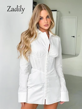 Zadily 2023, Весеннее офисное женское платье-рубашка с длинным рукавом в Корейском стиле, белые мини-платья на пуговицах для женщин