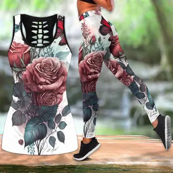 Женская летняя новая одежда с принтом розы и бабочки, майка без рукавов и леггинсы с принтом