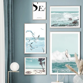 Картина с синезеленым пляжным пейзажем, настенное искусство, холст, современный свежий минималистичный пейзажный плакат и принт для домашнего декора комнаты
