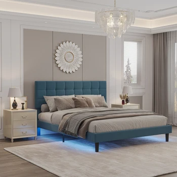 Льняная кровать размера Queen Size, Каркас кровати-платформы с мягкой обивкой и подсветкой, Регулируемое изголовье, Система прочных ламелей, синий