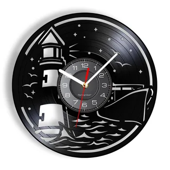 Плавание по морю Виниловые настенные часы Маяк Сигнальная лампа корабля Морская чайка Животное Светящиеся настенные часы Подарок ретро путешественников
