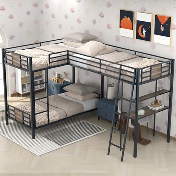 Г-образная двухъярусная кровать Twin over Twin с кроватью-чердаком Twin Size, письменным столом и полкой, коричневый