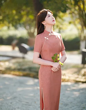 Летнее элегантное тонкое розовое платье Ципао в китайском стиле, женское традиционное одеяние Чонсам с коротким рукавом.