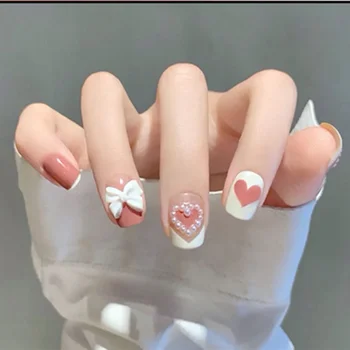 24P Розовые Милые Накладные Ногти с Короткой Квадратной Головкой Белого Цвета с 3D Бантом, Накладные Ногти с Жемчужными Стразами, Полное Покрытие Кончиков ногтей