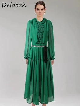 Delocah Высококачественное летнее женское модное дизайнерское зеленое платье с длинным рукавом-фонариком, аппликацией, высокой талией, макси-платьями большого размера