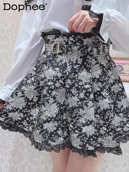 Японская Темная Кружевная плиссированная юбка с цветочным узором в стиле Лолиты 2023, Весна-Лето, Новая Короткая юбка принцессы для девочек с высокой талией