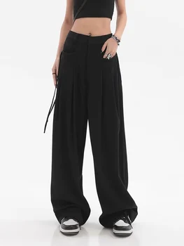 Женские брюки, широкие брюки с высокой талией, Свободные Черные брюки, модные Весенние Однотонные Плиссированные карманы, Корейская модная одежда