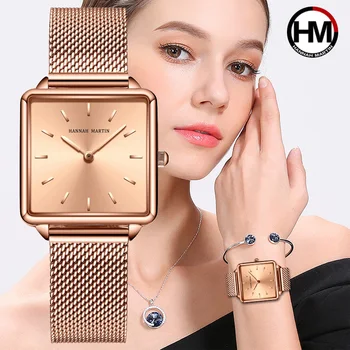 Новые часы, Женские модные брендовые часы с сетчатым ремешком из нержавеющей стали, простые женские кварцевые часы с квадратным маленьким циферблатом, наручные часы для платья