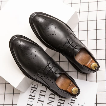 Мужские черные кожаные туфли оксфордские туфли с резьбой на шнуровке британские мужские туфли из лакированной кожи деловые туфли для джентльмена