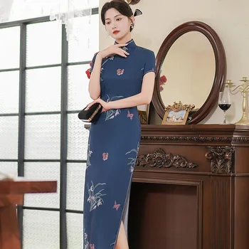 Лето 2023, Новая современная длинная юбка Чонсам, Синее атласное платье, мода для самосовершенствования, банкет в китайском стиле, Ципао для женщин
