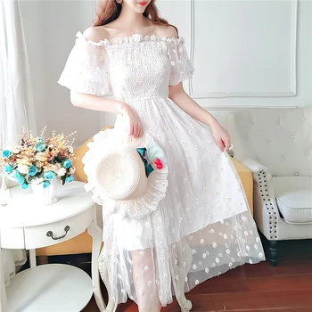 Новинка 2021, Летнее платье с цветочным рисунком, женское Элегантное кружевное шифоновое платье во французском стиле с вышивкой, приталенное платье миди в корейском стиле, женское платье