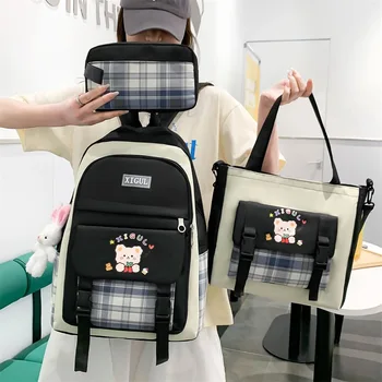 Qyahlybz милые девушки большой емкости школьный рюкзак женский плед японский 3 шт рюкзак средней школы студент рюкзак
