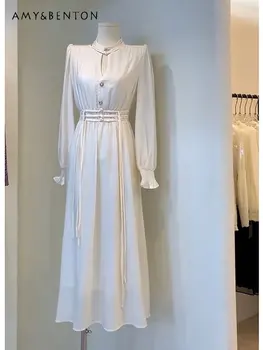 женское весеннее Нежное шикарное платье с темпераментом, обтягивающее талию, Новое белое платье с длинным рукавом в китайском стиле для женщин