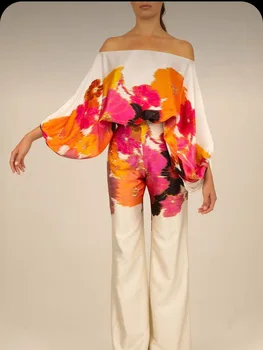 Летний Новый женский модный комплект широких брюк 2023, топ на одно плечо, Тонкие брюки в повседневном стиле, комплект из двух предметов