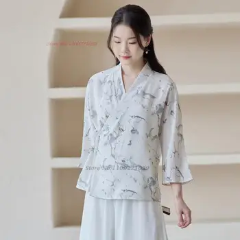 2023 Топы hanfu с китайским цветочным принтом, дзен-костюм, женская восточная рубашка, традиционная винтажная блузка чонсам, костюм в этническом стиле тан