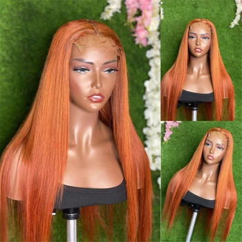 26-Дюймовый оранжевый шелковистый прямой предварительно выщипанный длинный парик из натуральных волос без подклеивания на кружеве спереди для женщин Babyhair