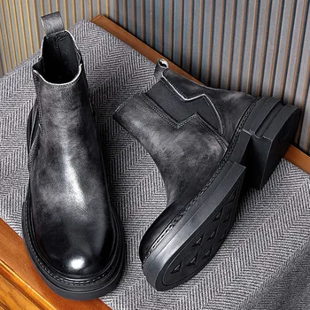 Коричневые винтажные мужские ботинки из воловьей кожи, кожаные ботинки 