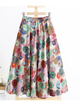 Lamprip 2023 Весенняя ретро-роспись тушью, Хлопковая юбка трапециевидной формы с цветочным принтом Saia Women