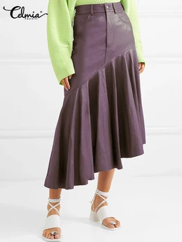 Celmia Модные юбки из искусственной кожи с высоким ворсом, женские юбки миди с асимметричным подолом и оборками, Jupes