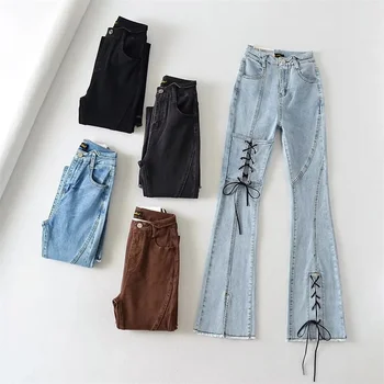 Расклешенные джинсы, женские обтягивающие джинсовые брюки с высокой талией, уличные сексуальные облегающие брюки на шнуровке, винтажная женская уличная одежда неправильной формы