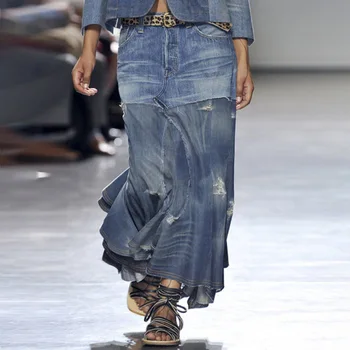 Весенне-осенняя новая джинсовая юбка 2023 года, сшитые юбки-полукомбинезоны неправильной формы для женщин