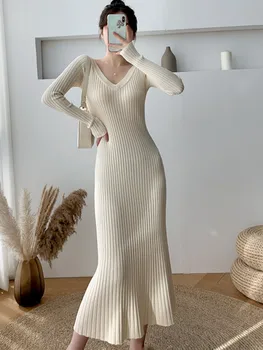 Новое осенне-зимнее женское платье-свитер с V-образным вырезом, женские модные трикотажные повседневные Мягкие Теплые Длинные платья, Vestidos, женская одежда
